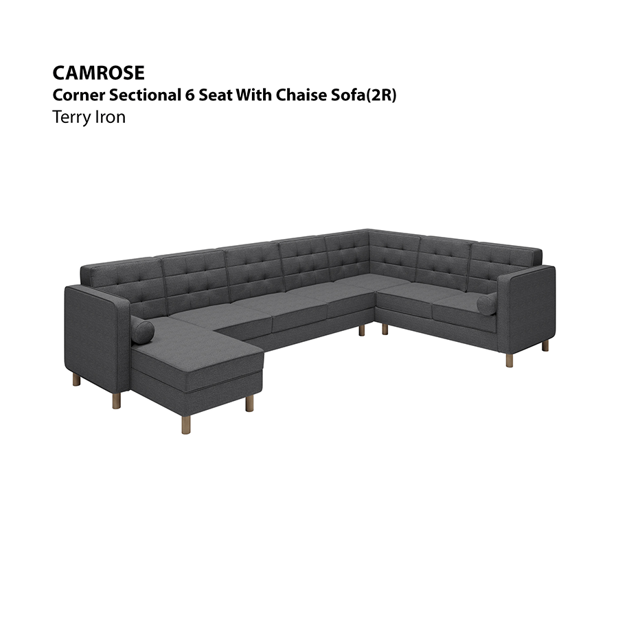 MORE CAMROSE OPTIONS Camrose Sectional 6 Seat with Chaise (2R) Sofa Camrose Sectional 6 Seat with Chaise (2R) Sofa Lux Terry Iron Mandaue Foam