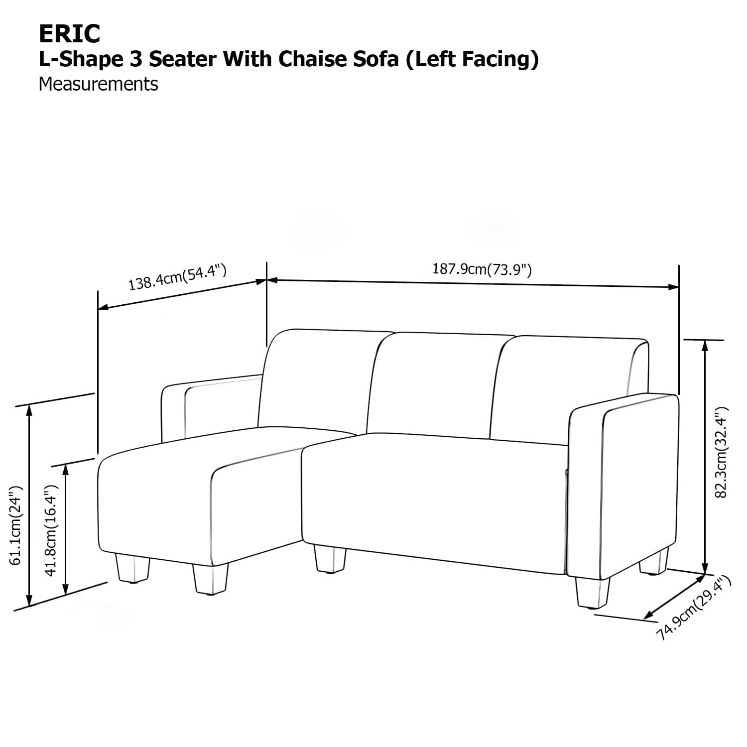 Eric L-shape 3 Seat with Chaise (Left Facing) Sofa