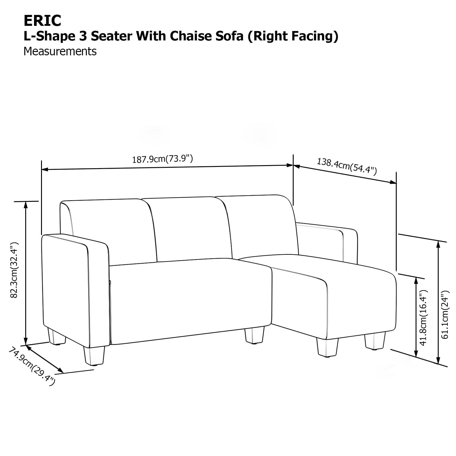 Eric L-shape 3 Seat with Chaise (Right Facing) Sofa