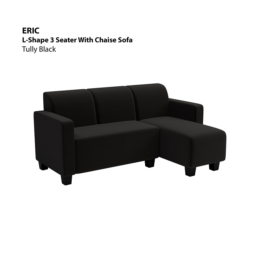 MORE ERIC OPTIONS Eric L-shape 3 Seat with Chaise (Right Facing) Sofa Eric L-shape 3 Seat with Chaise (Right Facing) Sofa Leatherette Tully Black Mandaue Foam