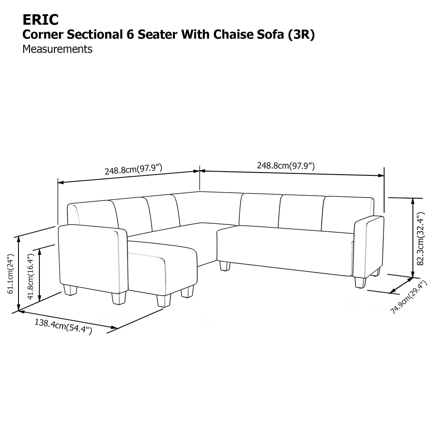 Eric Sectional 6 Seat with Chaise Corner (3R) Sofa