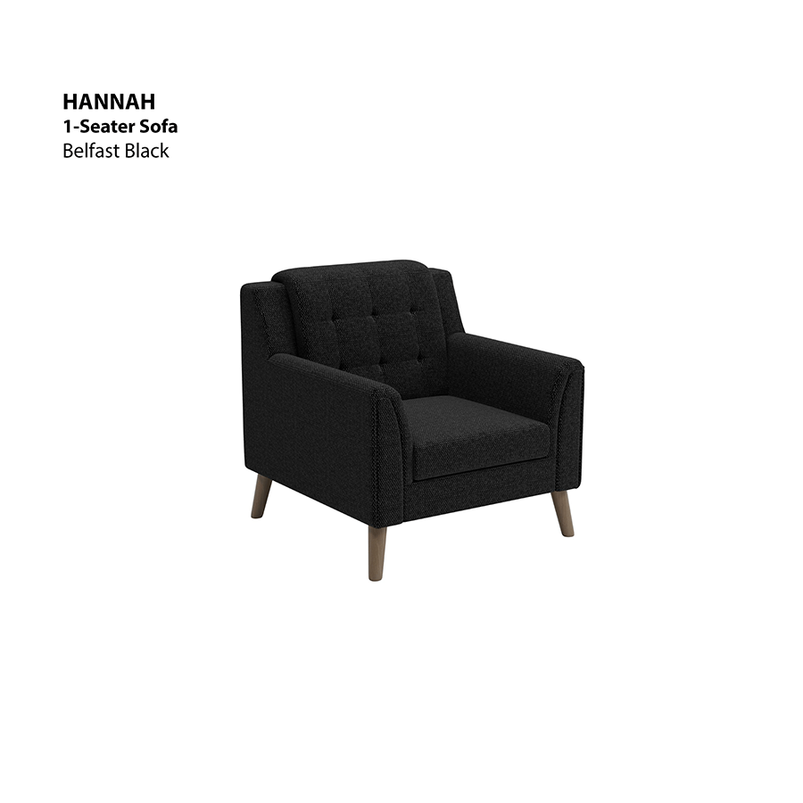 MORE HANNAH OPTIONS Hannah 1 Seater Sofa Hannah 1 Seater Sofa Fabric Belfast Black Mandaue Foam