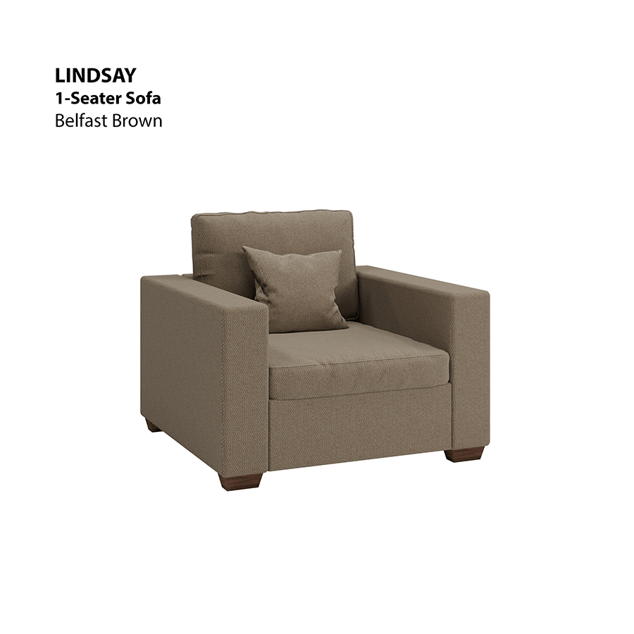 MORE LINDSAY OPTIONS Lindsay 1 Seater Sofa Lindsay 1 Seater Sofa Fabric Belfast Brown Mandaue Foam