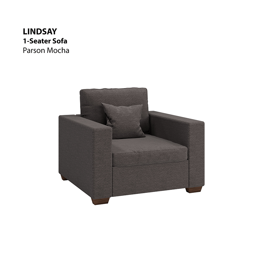 MORE LINDSAY OPTIONS Lindsay 1 Seater Sofa Lindsay 1 Seater Sofa Fabric Parson Mocha Mandaue Foam