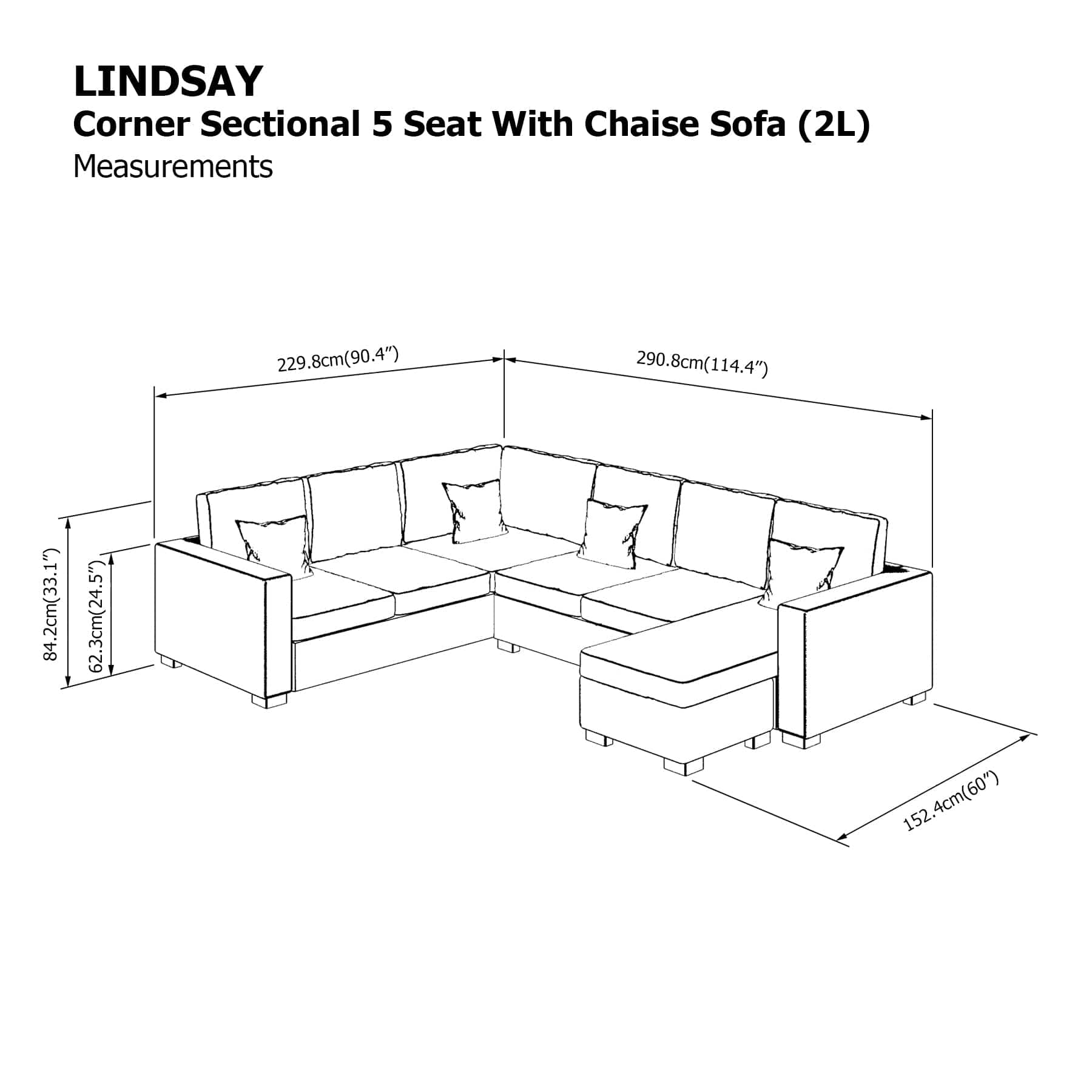 Lindsay Corner Sectional 5 Seat with Chaise (2L) Sofa