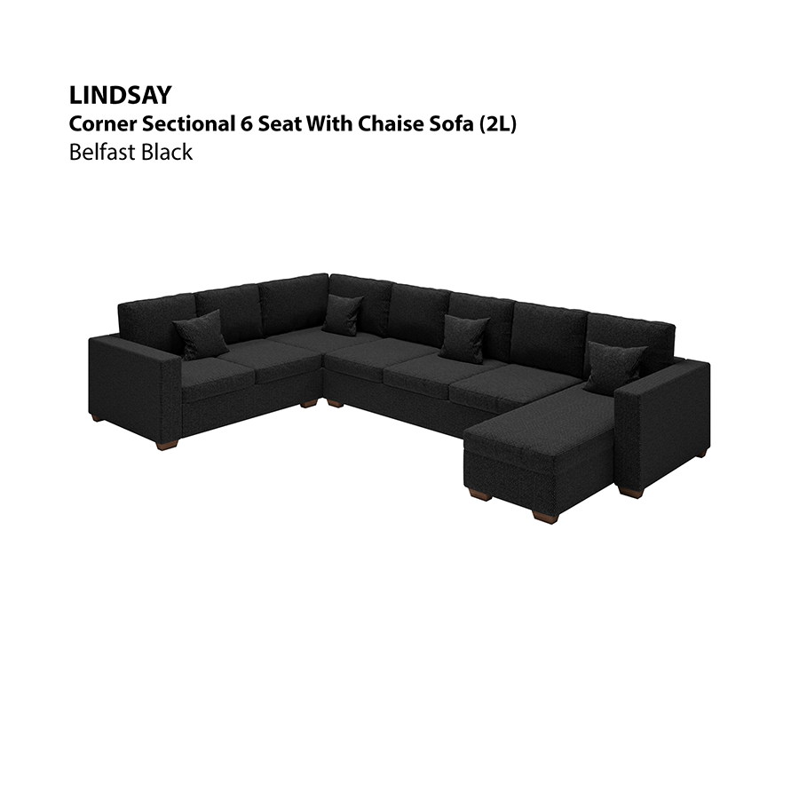 MORE LINDSAY OPTIONS Lindsay Corner Sectional 6 Seat with Chaise (2L) Sofa Lindsay Corner Sectional 6 Seat with Chaise (2L) Sofa Fabric Belfast Black Mandaue Foam