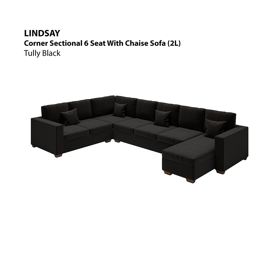 MORE LINDSAY OPTIONS Lindsay Corner Sectional 6 Seat with Chaise (2L) Sofa Lindsay Corner Sectional 6 Seat with Chaise (2L) Sofa Leatherette Tully Black Mandaue Foam