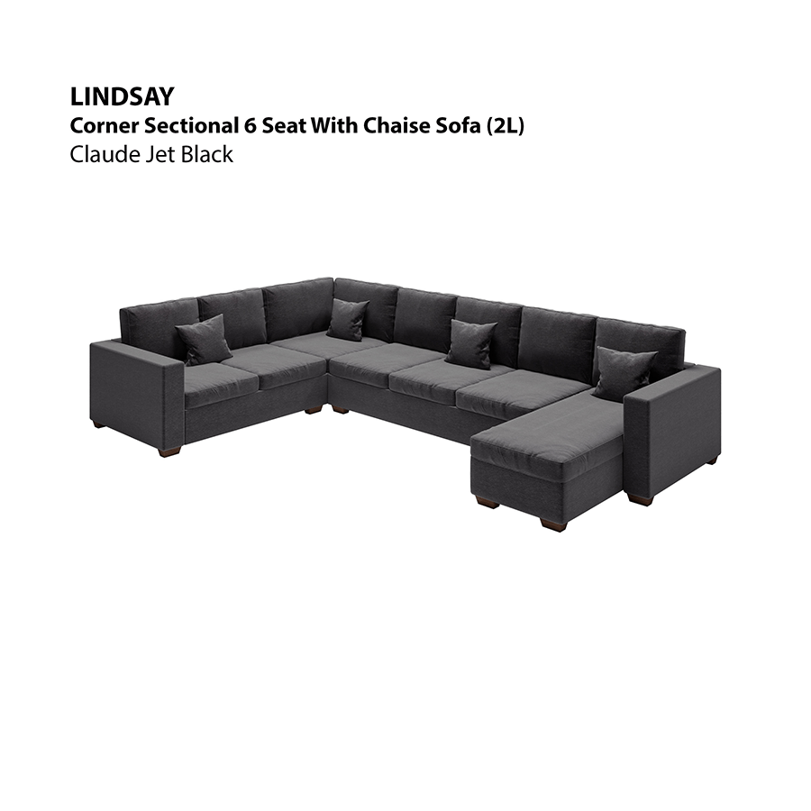 MORE LINDSAY OPTIONS Lindsay Corner Sectional 6 Seat with Chaise (2L) Sofa Lindsay Corner Sectional 6 Seat with Chaise (2L) Sofa Lux Claude Jet Black Mandaue Foam