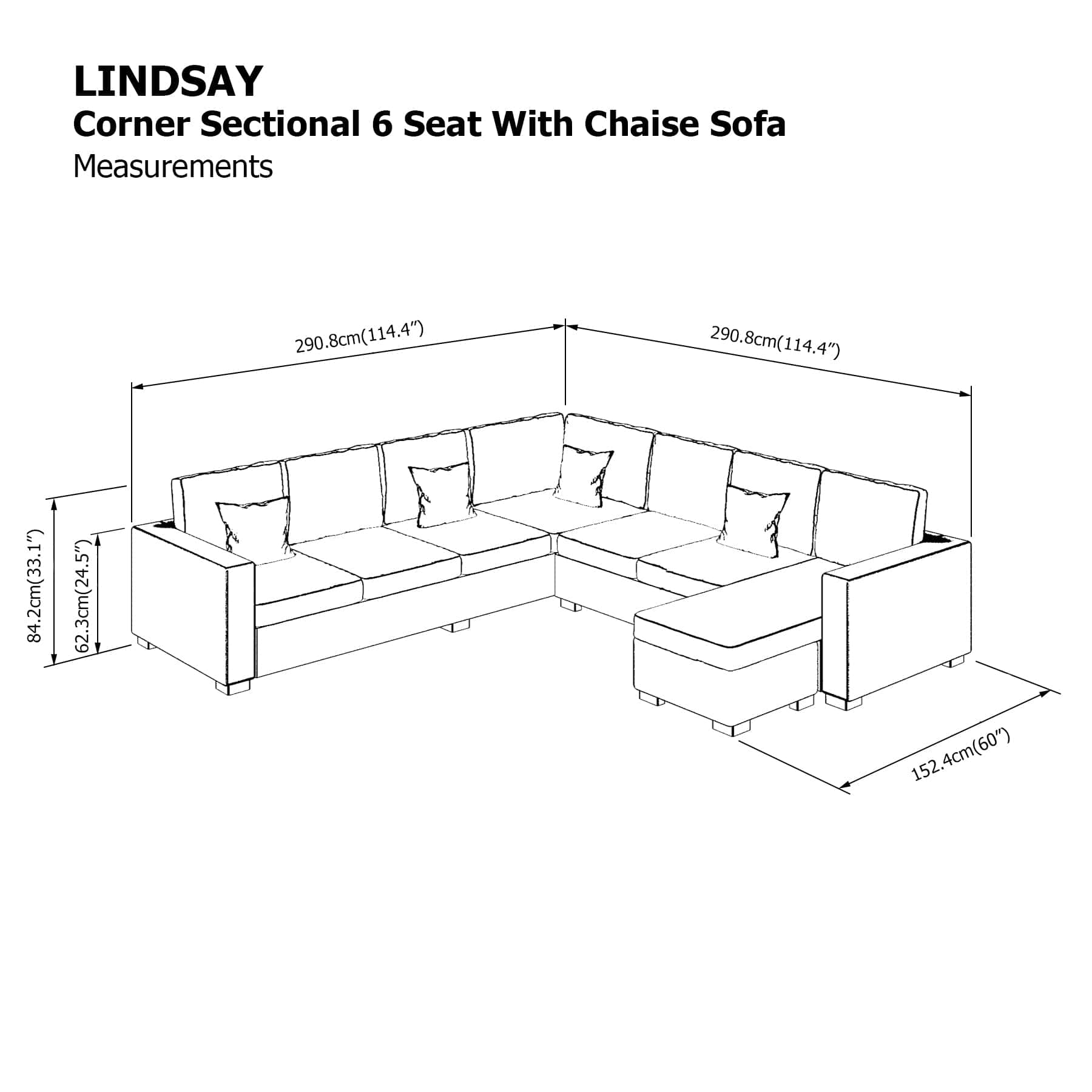 Lindsay Sectional 6 Seat with Chaise Corner Sofa