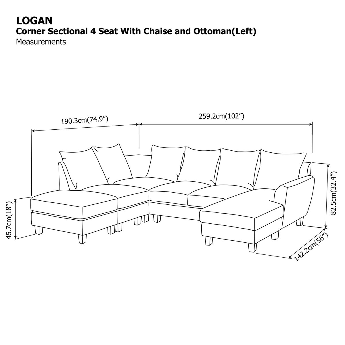 Logan Corner Section 4 Seater with Chaise and Ottoman (Left) Sofa
