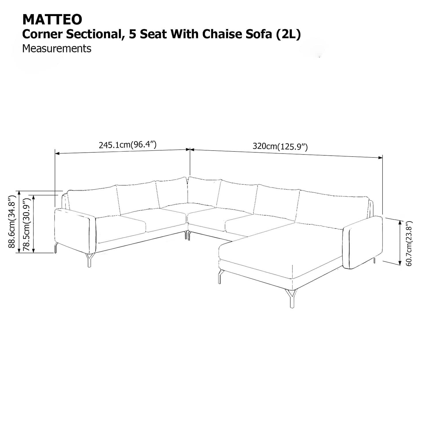 Matteo Corner Sectional 5 Seat with Chaise (2L) Sofa