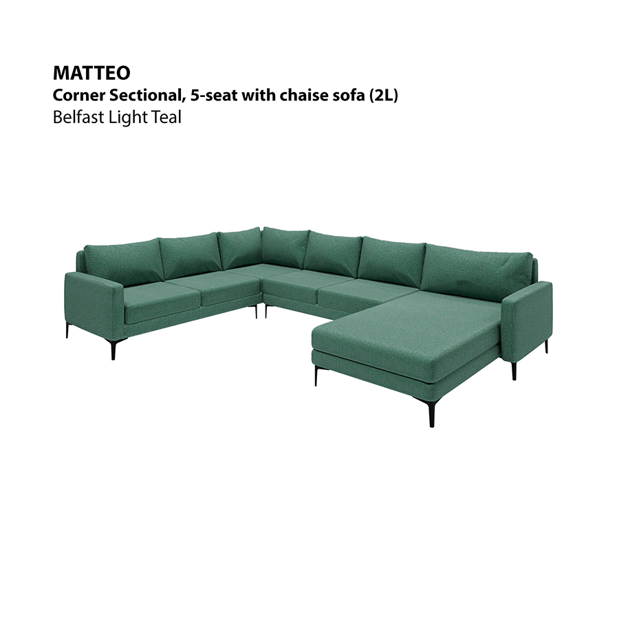 MORE MATTEO OPTIONS Matteo Corner Sectional 5 Seat with Chaise (2L) Sofa Matteo Corner Sectional 5 Seat with Chaise (2L) Sofa Fabric Belfast Light Teal Mandaue Foam