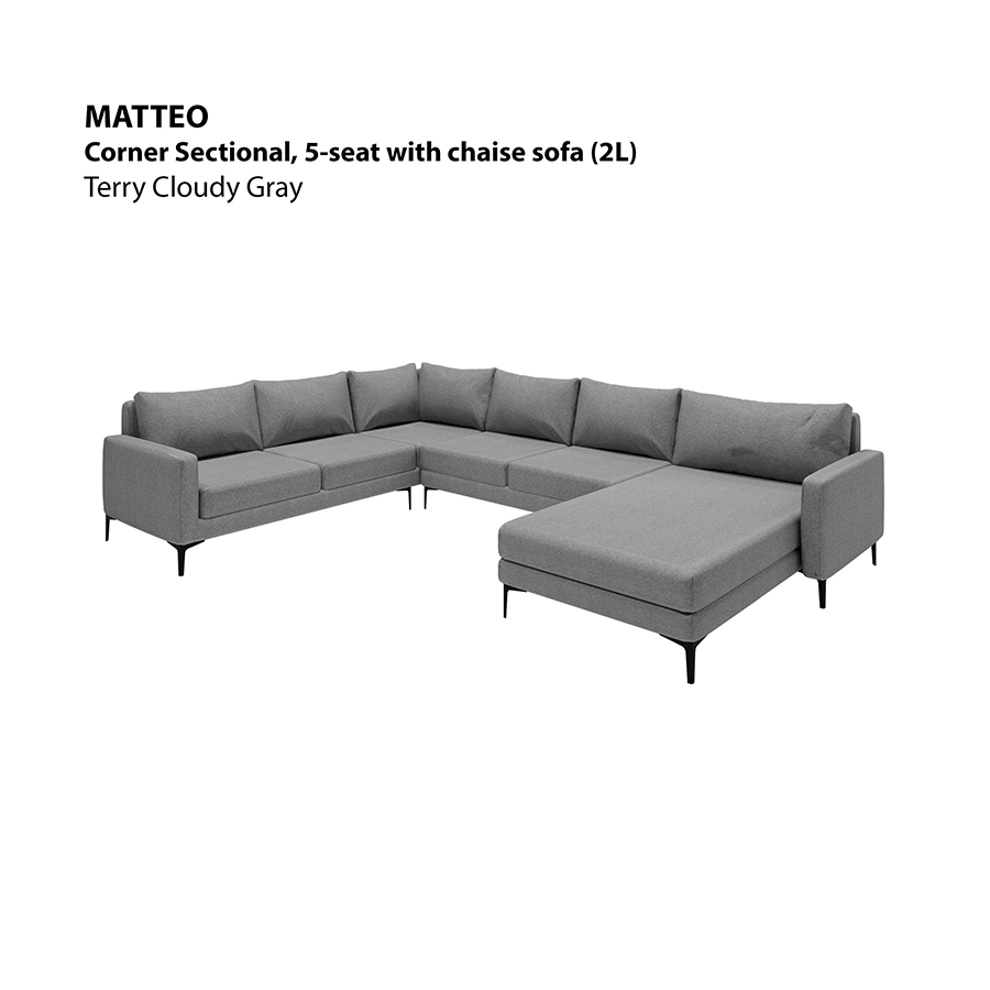 MORE MATTEO OPTIONS Matteo Corner Sectional 5 Seat with Chaise (2L) Sofa Matteo Corner Sectional 5 Seat with Chaise (2L) Sofa Lux Terry Cloudy Gray Mandaue Foam