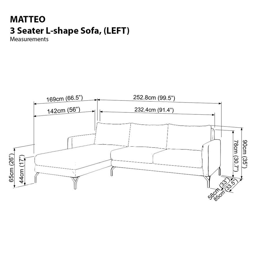 Matteo L-shape 3 Seat with Chaise (Left Facing) Sofa