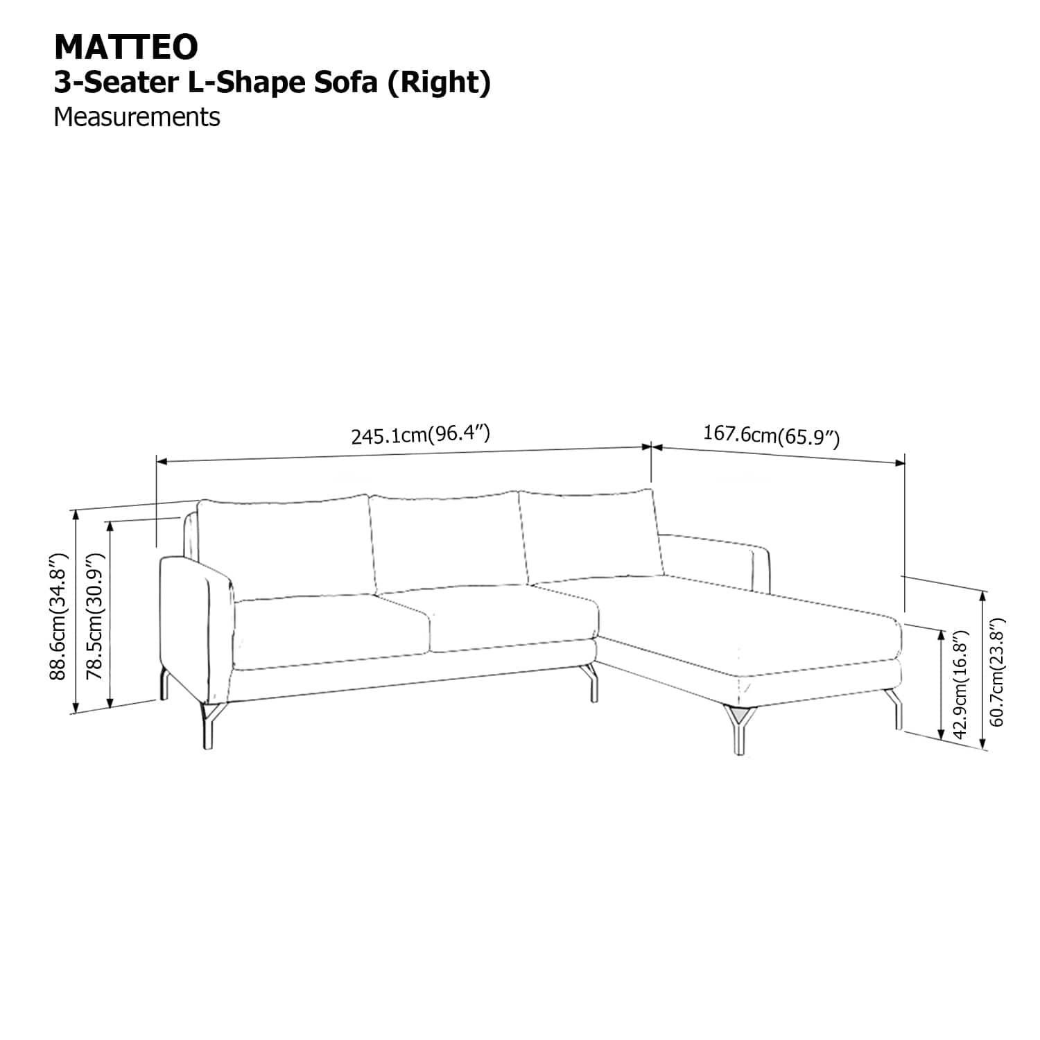 Matteo L-shape 3 Seat with Chaise (Right Facing) Sofa