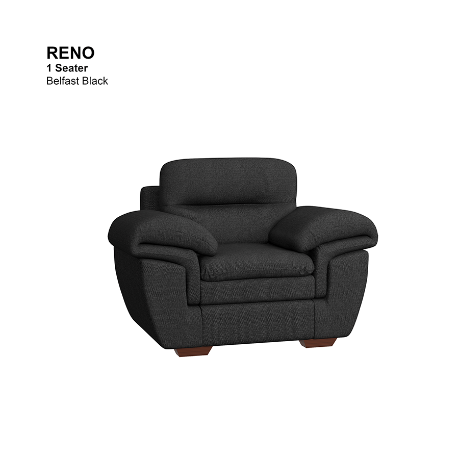 MORE RENO OPTIONS Reno 1 Seater Sofa Reno 1 Seater Sofa Fabric Belfast Black Mandaue Foam