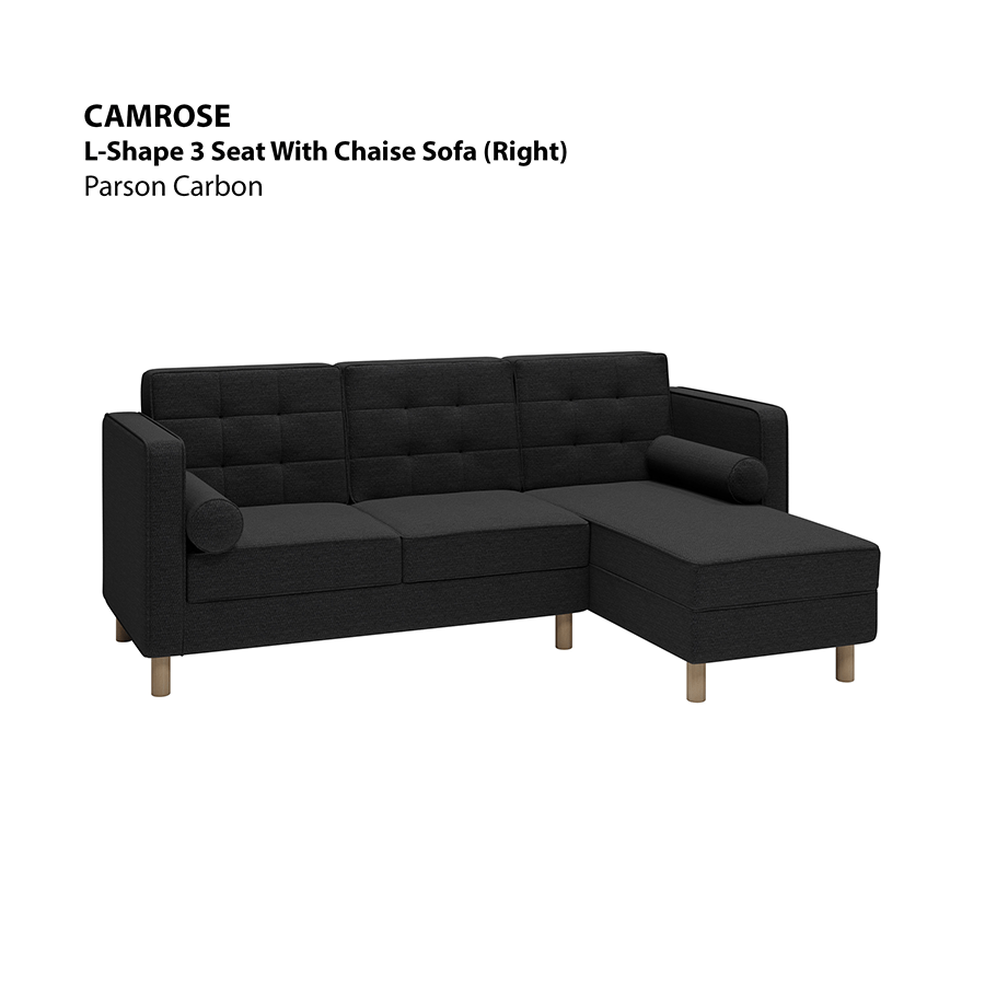 MORE CAMROSE OPTIONS Camrose L-shape 3 Seat with Chaise (Right Facing) Sofa Camrose L-shape 3 Seat with Chaise (Right Facing) Sofa Fabric Parson Carbon Mandaue Foam