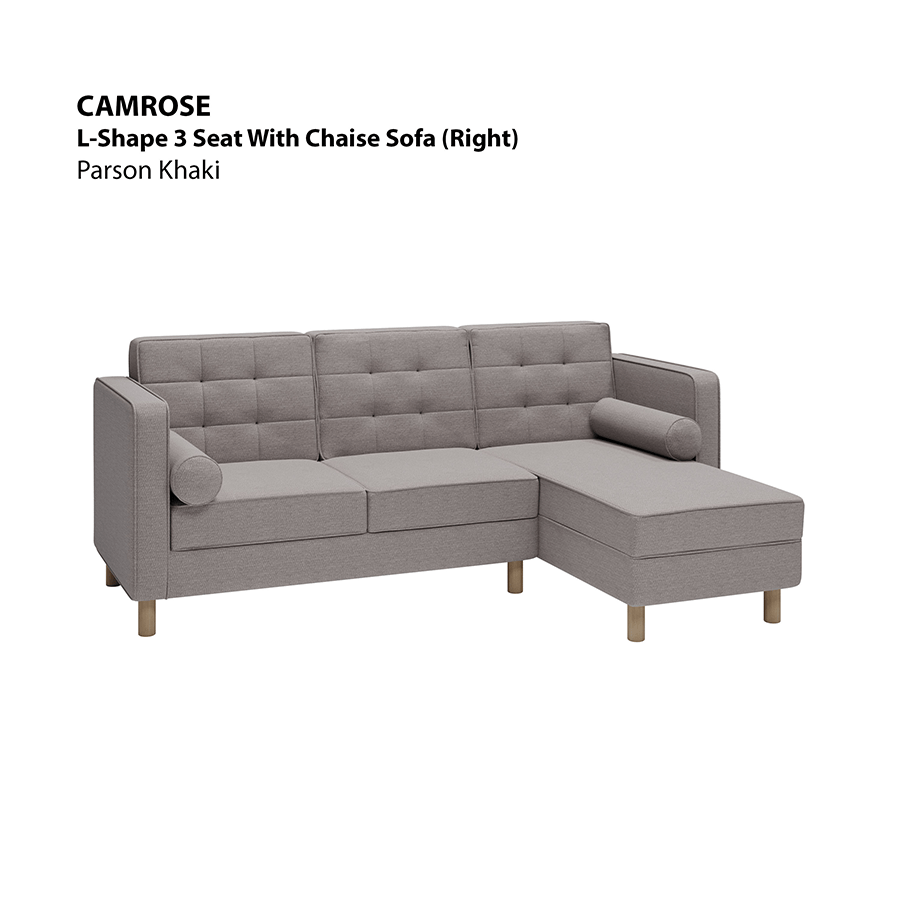 MORE CAMROSE OPTIONS Camrose L-shape 3 Seat with Chaise (Right Facing) Sofa Camrose L-shape 3 Seat with Chaise (Right Facing) Sofa Fabric Parson Khaki Mandaue Foam