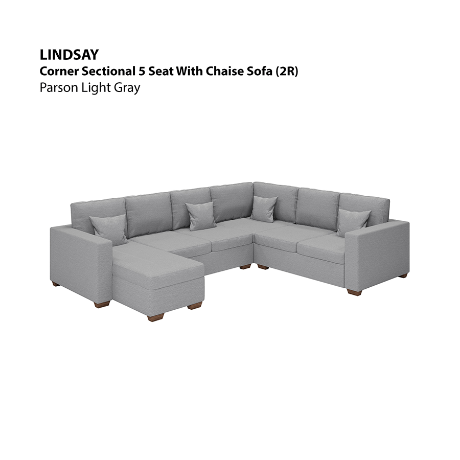 MORE LINDSAY OPTIONS Lindsay Corner Sectional 5 Seat with Chaise (2R) Sofa Lindsay Corner Sectional 5 Seat with Chaise (2R) Sofa Fabric Parson Light Gray Mandaue Foam