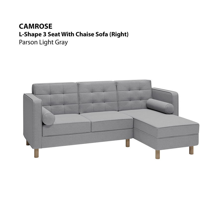 MORE CAMROSE OPTIONS Camrose L-shape 3 Seat with Chaise (Right Facing) Sofa Camrose L-shape 3 Seat with Chaise (Right Facing) Sofa Fabric Parson Light Gray Mandaue Foam
