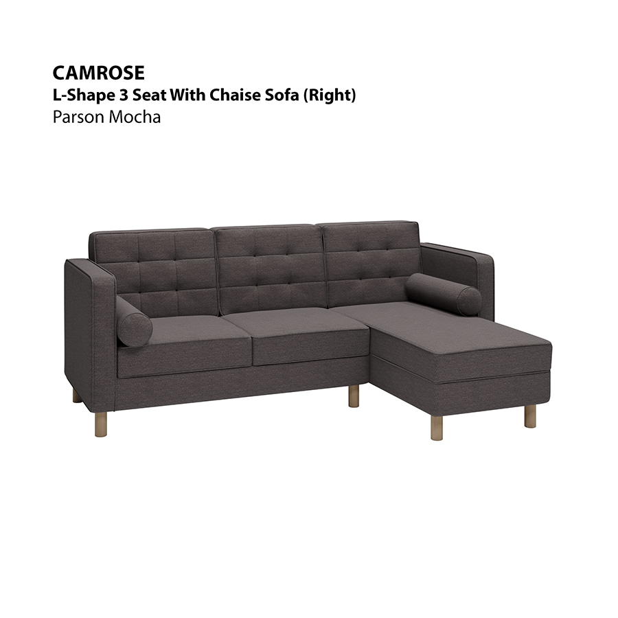 MORE CAMROSE OPTIONS Camrose L-shape 3 Seat with Chaise (Right Facing) Sofa Camrose L-shape 3 Seat with Chaise (Right Facing) Sofa Fabric Parson Mocha Mandaue Foam
