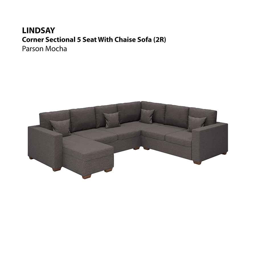 MORE LINDSAY OPTIONS Lindsay Corner Sectional 5 Seat with Chaise (2R) Sofa Lindsay Corner Sectional 5 Seat with Chaise (2R) Sofa Fabric Parson Mocha Mandaue Foam