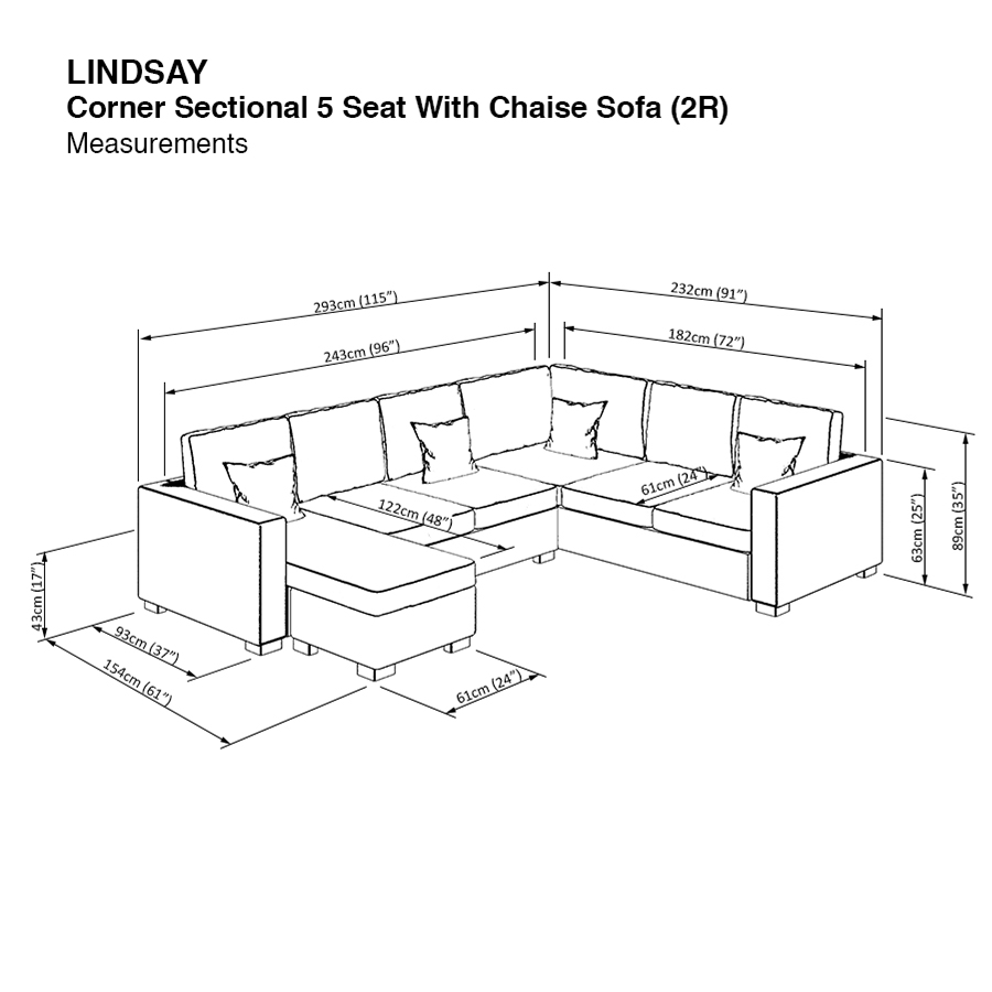 Lindsay Corner Sectional 5 Seat with Chaise (2R) Sofa