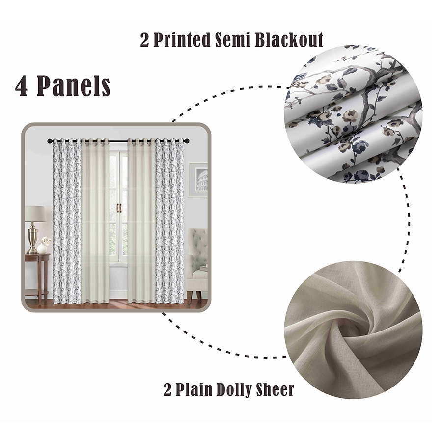 Begga Plain & Printed Set of 4 Curtains