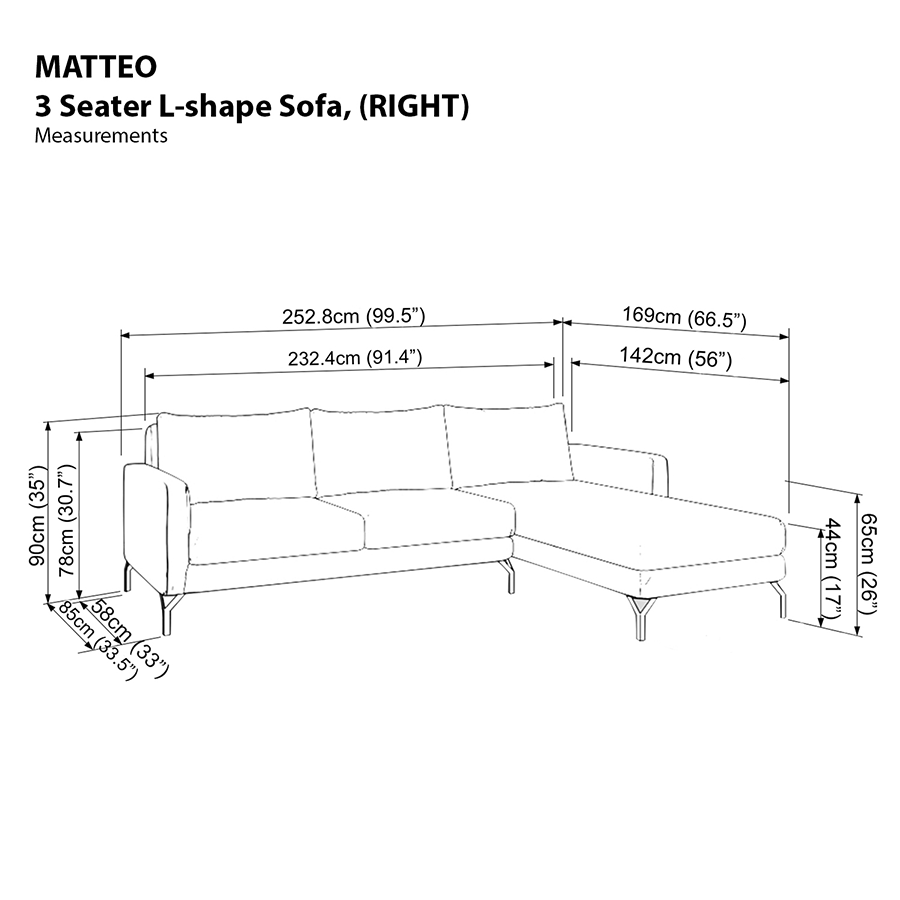 Matteo L-shape 3 Seat with Chaise (Right Facing) Sofa