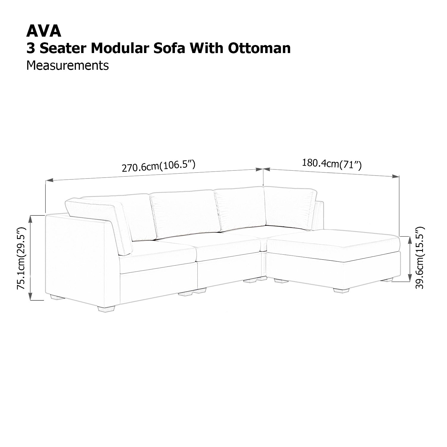 Ava 3 Seater Modular Sofa with Ottoman