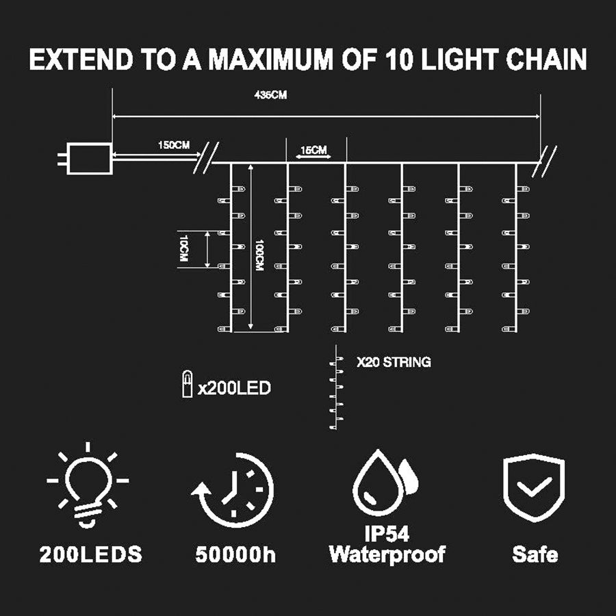 Christmas Curtain Lights 200LED Cool with Flash