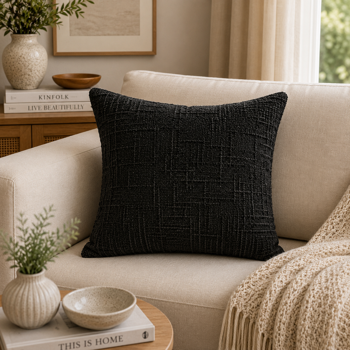 Moen Ebony Black Chenille Throw Pillowcase