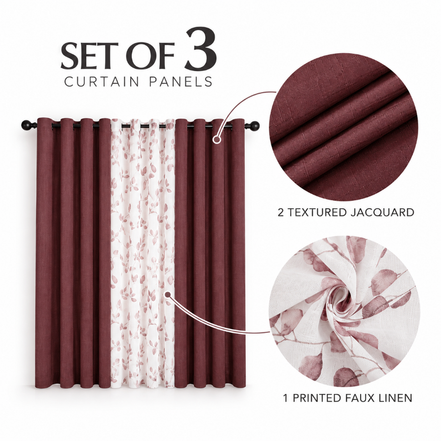 Birte Plain & Print Set of 3 Curtain
