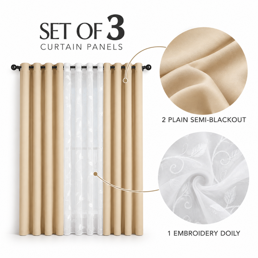 Becka Plain & Print Set Of 3 Curtains