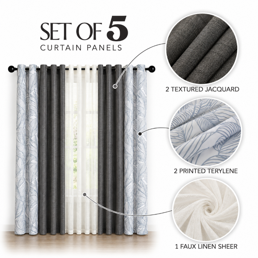 Benno Plain & Printed Set of 5 Curtains
