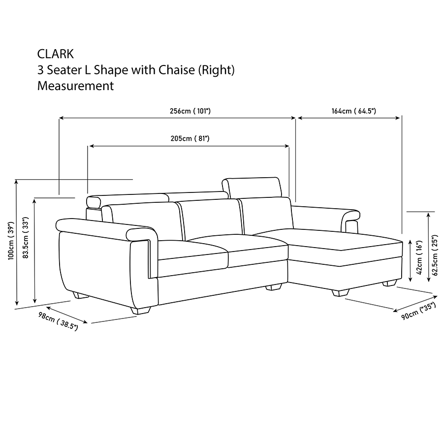 Clark L-shape 3 Seat with Chaise Right Sofa