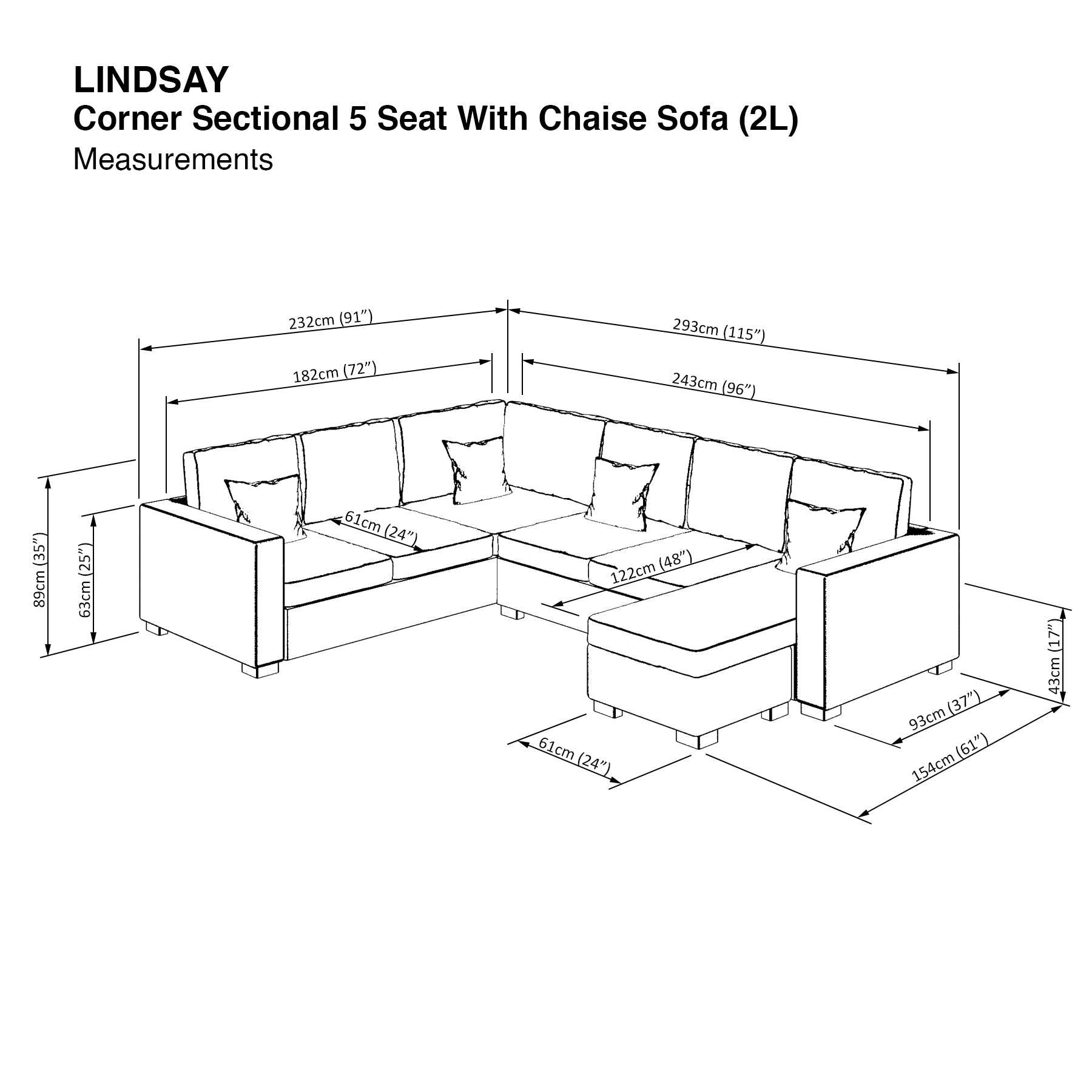 Lindsay Corner Sectional 5 Seat with Chaise (2L) Sofa