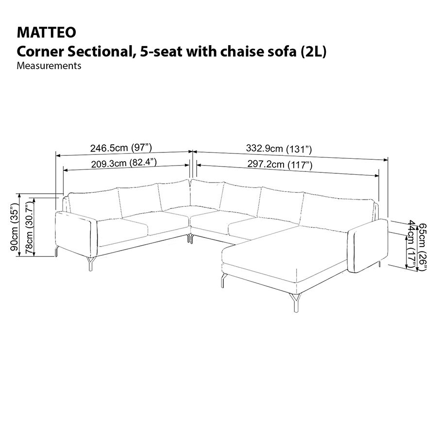 Matteo Corner Sectional 5 Seat with Chaise (2L) Sofa