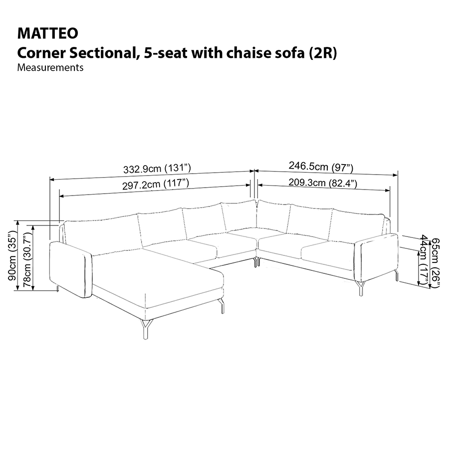 Matteo Corner Sectional 5 Seat with Chaise (2R) Sofa