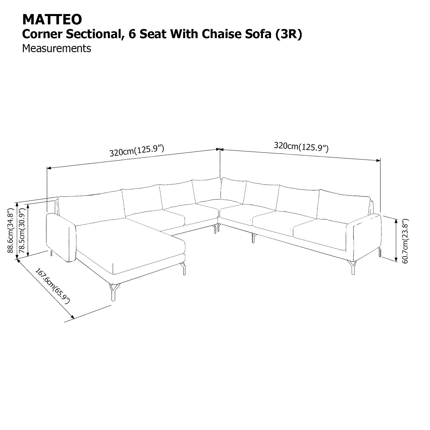 Matteo Sectional 6 Seat with Chaise Corner (3R) Sofa