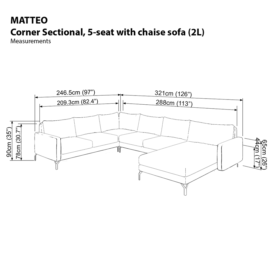 Matteo Corner Sectional 5 Seat with Chaise (2L) Sofa