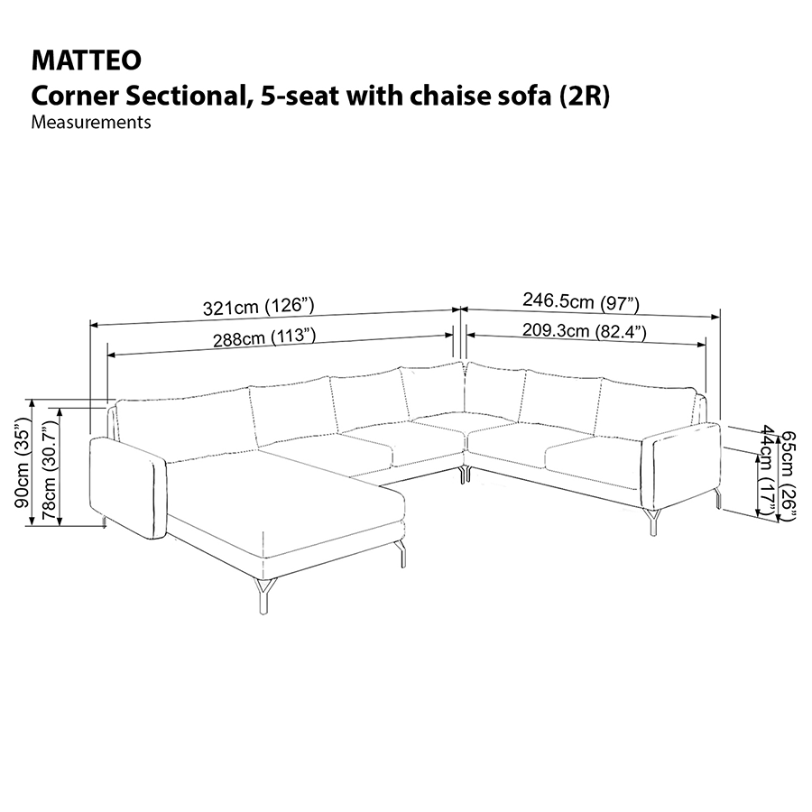 Matteo Corner Sectional 5 Seat with Chaise (2R) Sofa