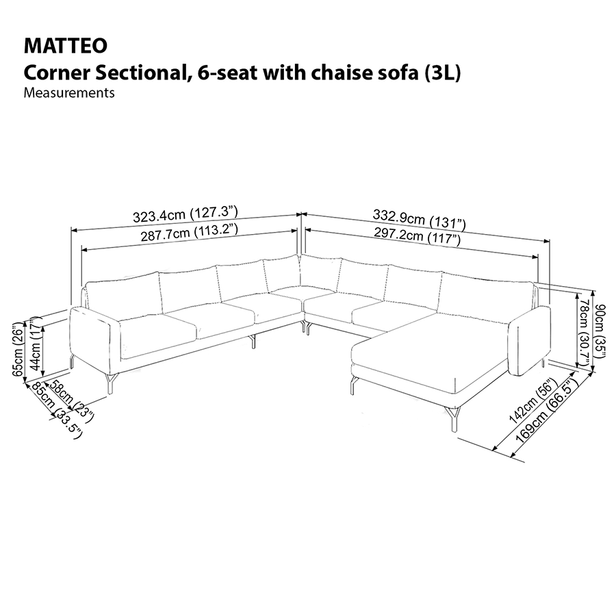 Matteo Sectional 6 Seat with Chaise Corner (3L) Sofa