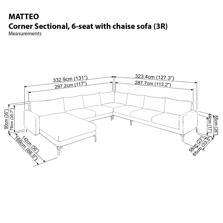 Matteo Sectional 6 Seat with Chaise Corner (3R) Sofa