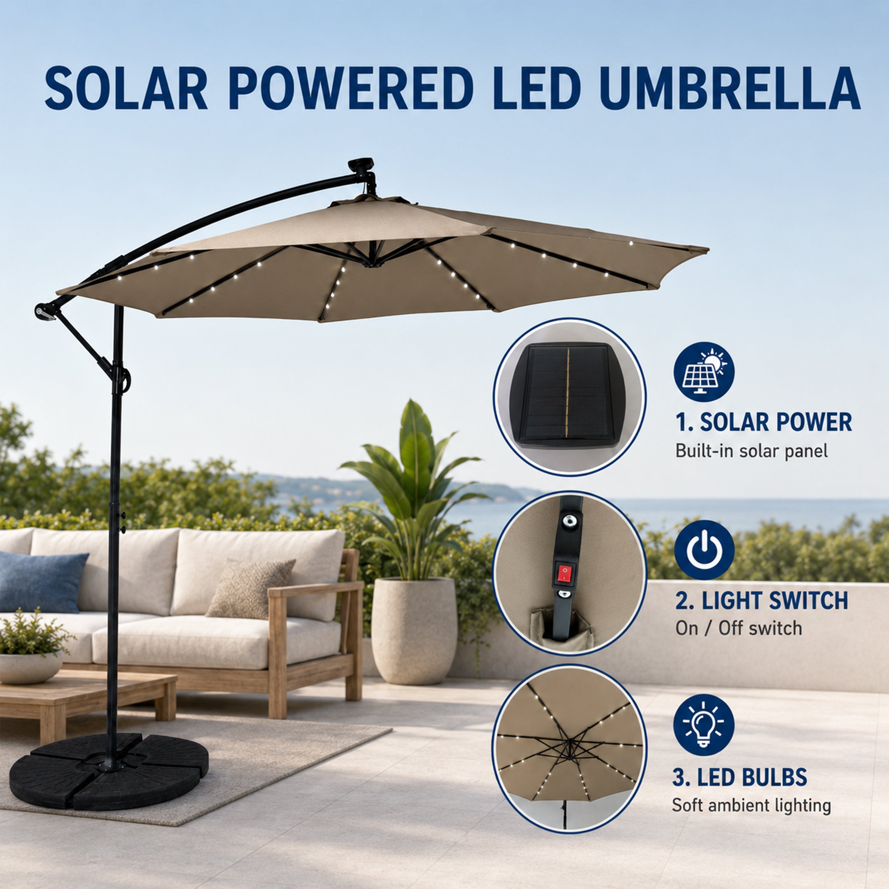 Sunny 3m Hanging Umbrella W/ Light -Taupe