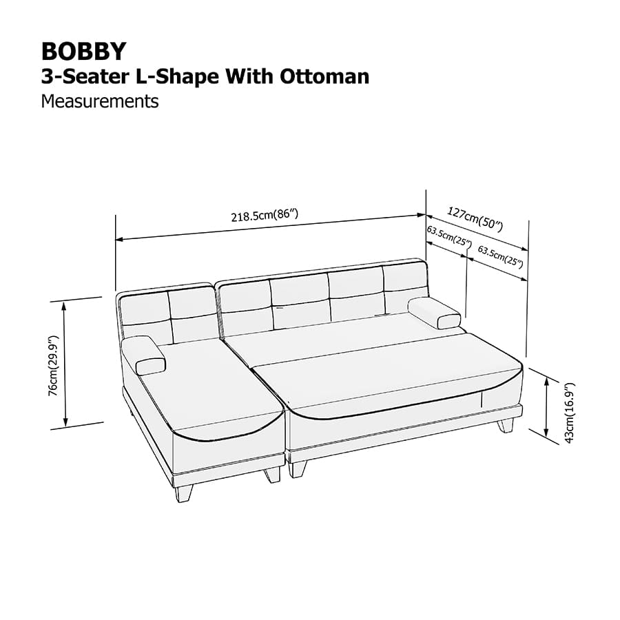 Bobby 3 Seat L-shape with Ottoman Sofa