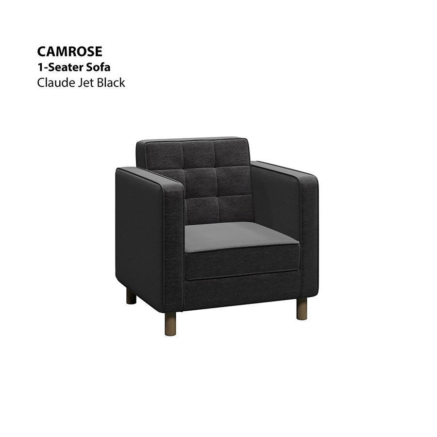 MORE CAMROSE OPTIONS Camrose 1 Seater Sofa Camrose 1 Seater Sofa Lux Claude Jet Black Mandaue Foam
