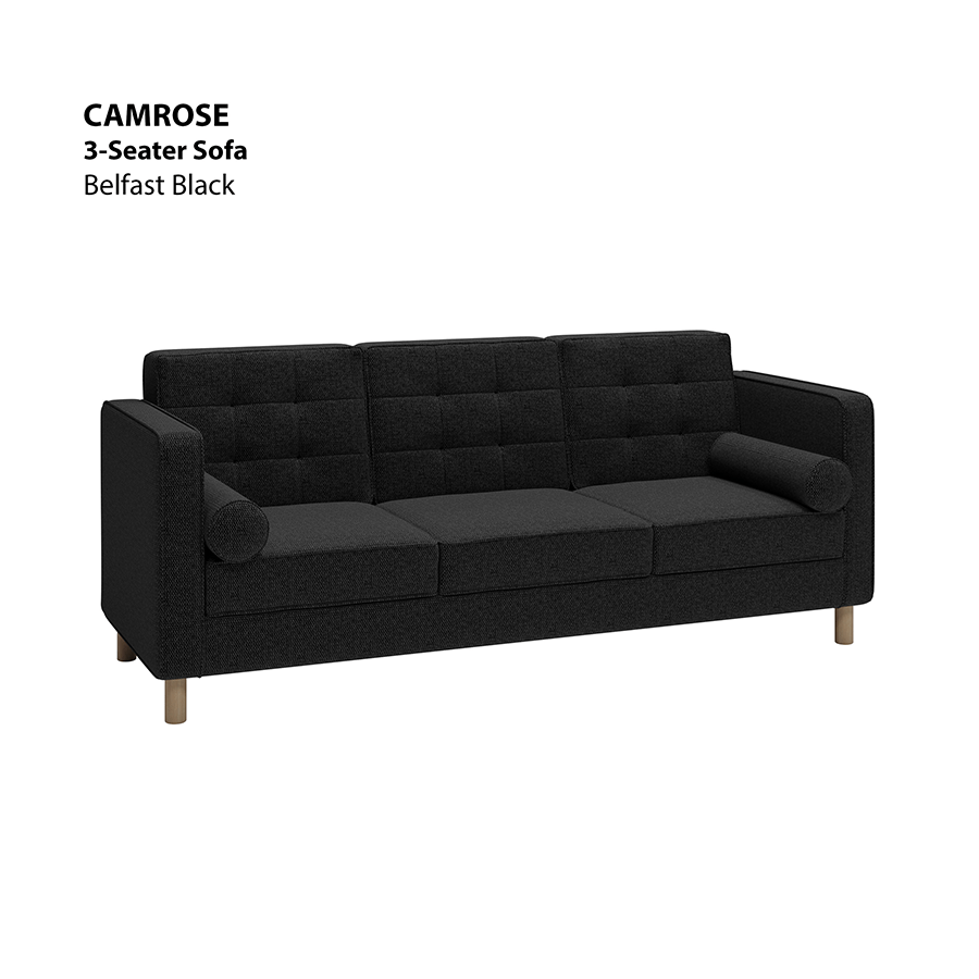 MORE CAMROSE OPTIONS Camrose 3 Seater Sofa Camrose 3 Seater Sofa Fabric Belfast Black Mandaue Foam