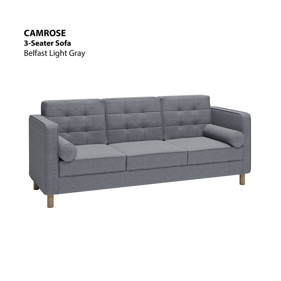 MORE CAMROSE OPTIONS Camrose 3 Seater Sofa Camrose 3 Seater Sofa Fabric Belfast Light Gray Mandaue Foam