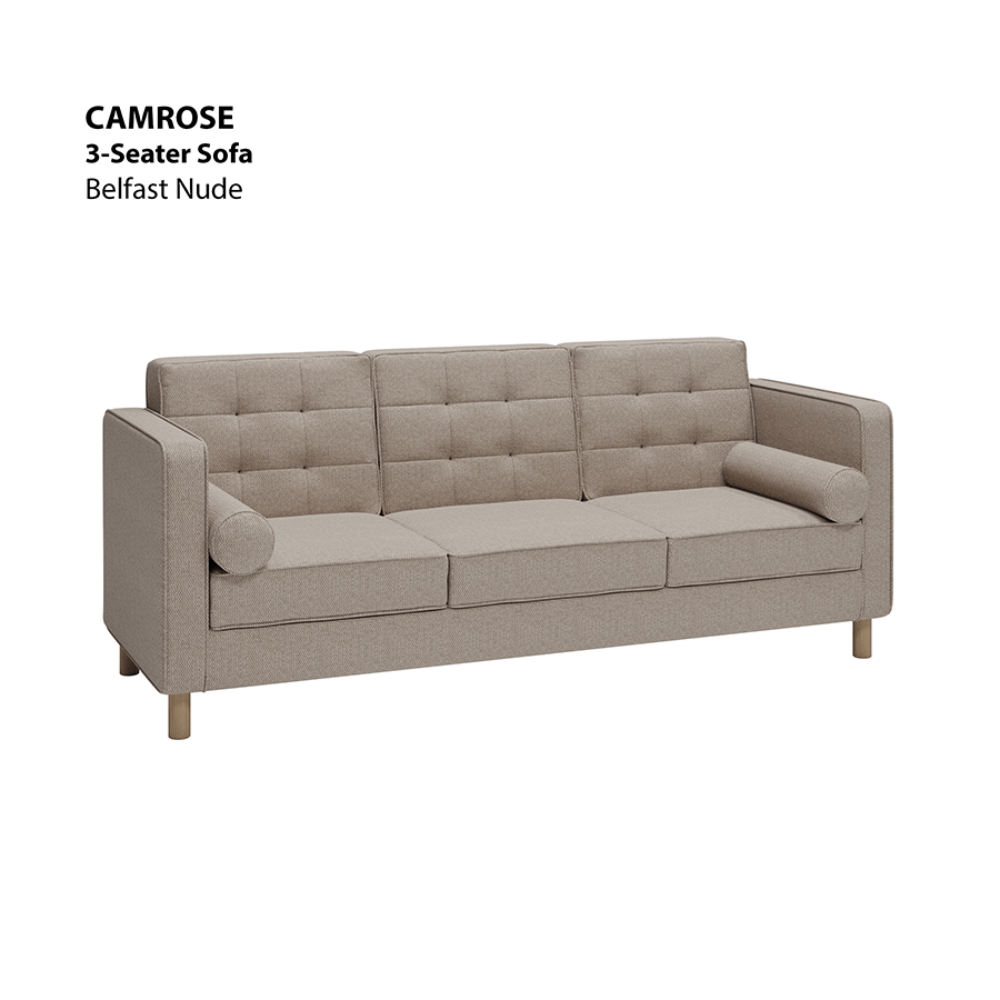 MORE CAMROSE OPTIONS Camrose 3 Seater Sofa Camrose 3 Seater Sofa Fabric Belfast Nude Mandaue Foam